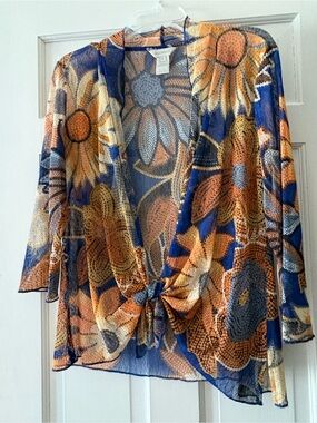 Multiples Navy Blue and Orange Floral Tie-Front Sheer Blouse